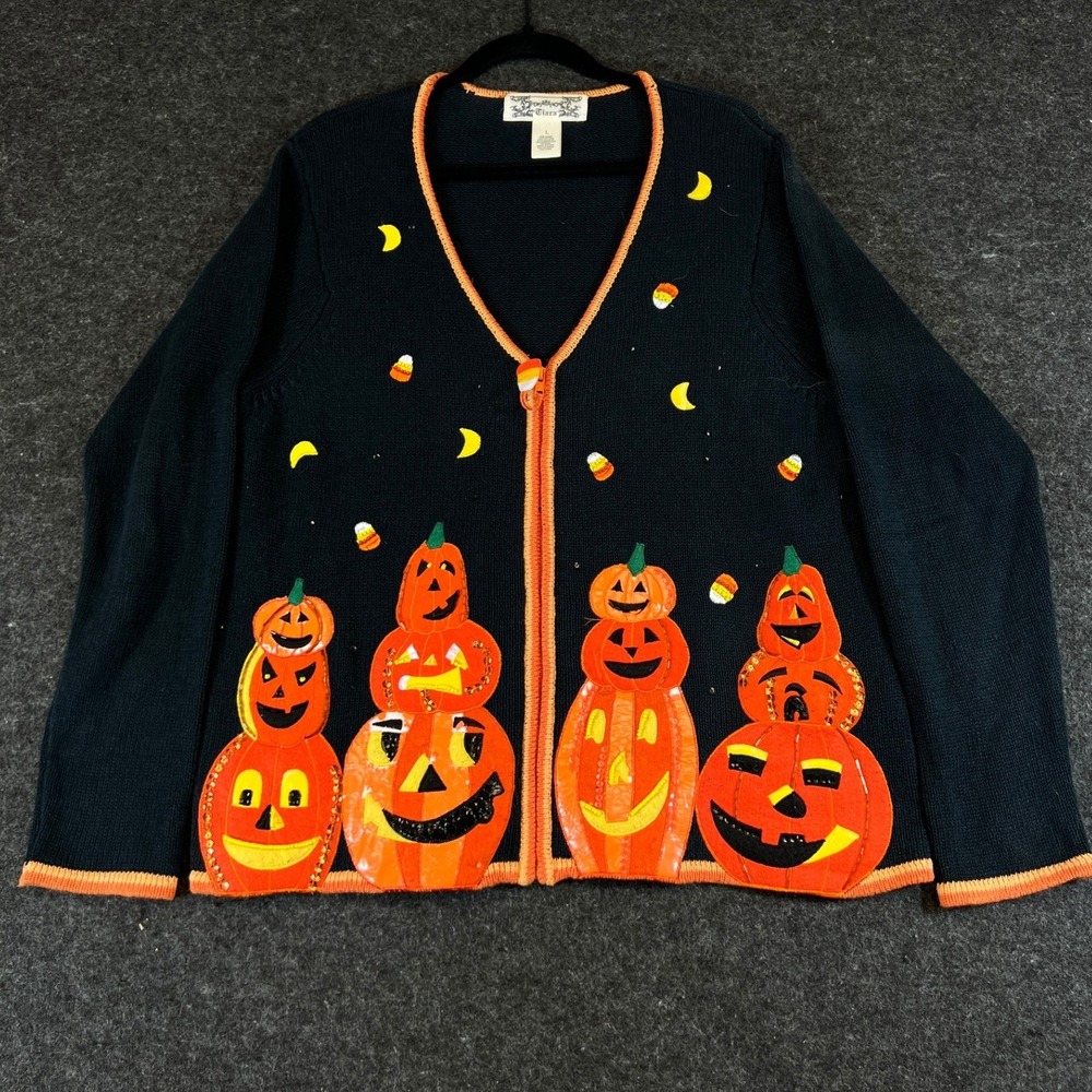Vintage Tiara Halloween Pumpkin Knit Cardigan Sweater Womens Large Black Fall